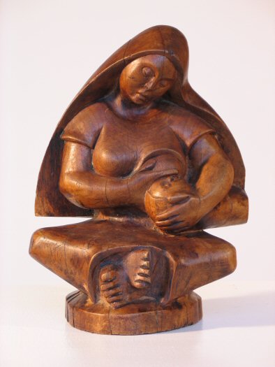 Mexican Modernist Madonna and Child Wood Sculpture